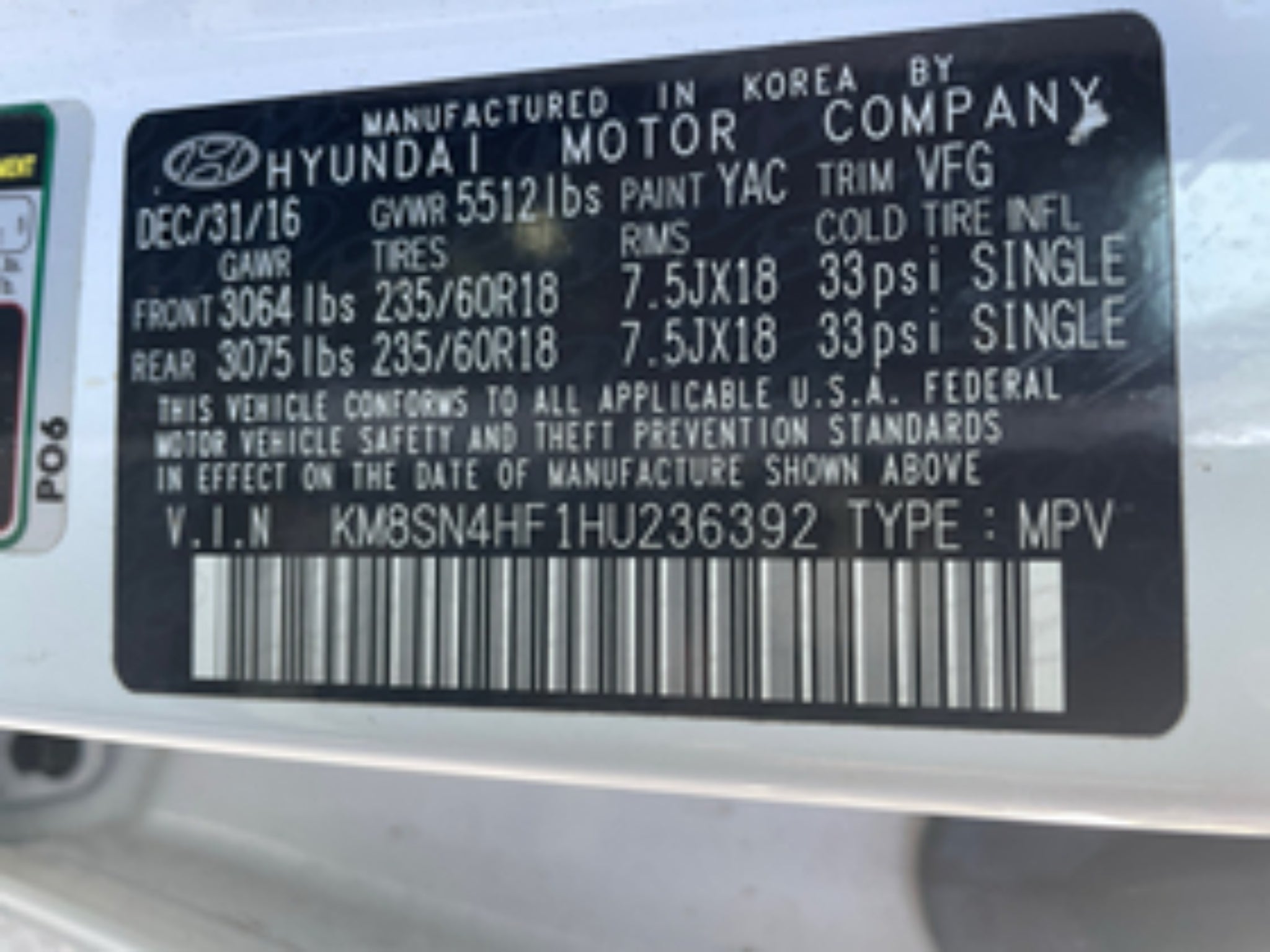 2017 Hyundai Santa Fe XL SE 3.3L Auto